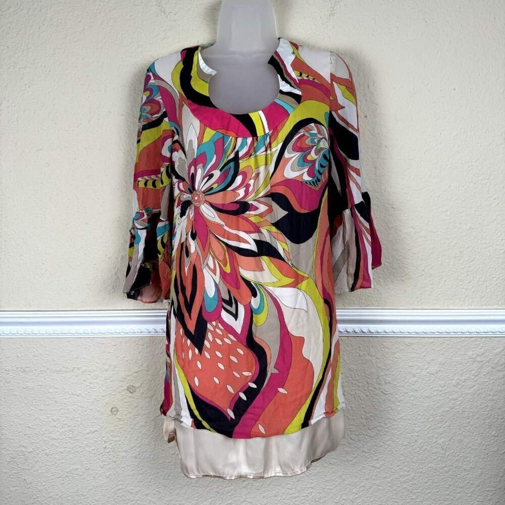 Trina Turk Floral V-Neck Sheath Cocktail Dress Size 0 70's Disco 100% Silk Bell